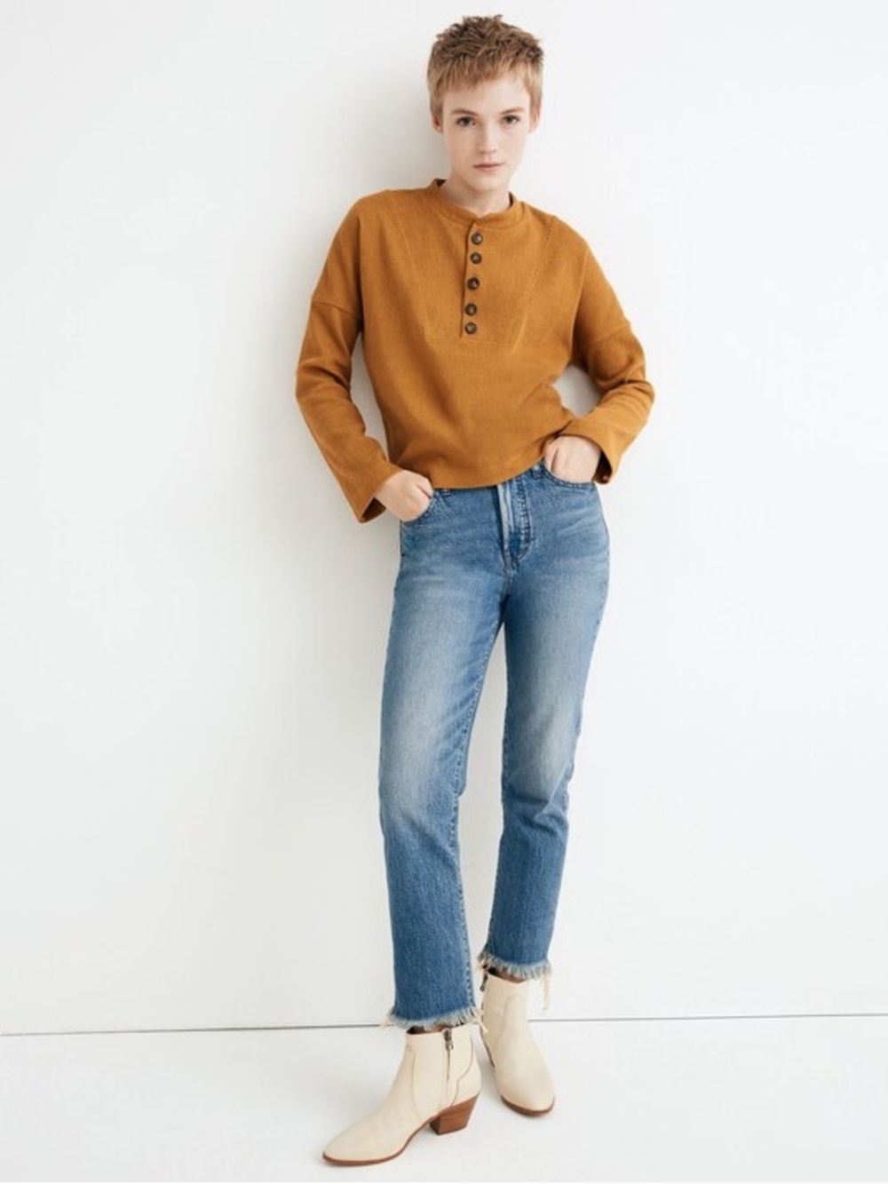Madewell Texture and Thread Mustard Yellow Seamed Long Sleeve Henley Top XL